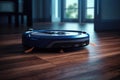 Photo of a robot vacuum cleaner sweeping and cleaning floors in the room. Generative AI