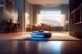 Photo of a robot vacuum cleaner sweeping and cleaning floors in the room. Generative AI