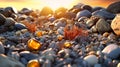 Hyperrealistic Orange Stones And Rocks At Sunset With Sea Background