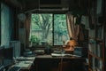 A photo of a room featuring a desk, computer, bookshelf, and a window, showcasing a simple and functional workspace, A culmination Royalty Free Stock Photo