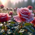 Photo of the rose garden in the early morning. Lush pink roses with drops of dew.