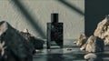 photo of rough stones minimalist dark masculine perfume mockup cracks strong vibes front view in Moire patterned shadows