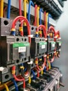 Photo a row of three poles contactors in electrical cabinet.