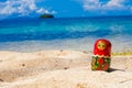 Photo Russian Dolls Matrioshka Souvenir Untouched Tropical Beach in Bali Island. Horizontal Picture. Blurred Background