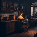 Ai generated a rustic kitchen with a cozy fire burning in the oven