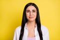 Photo of sad miserable young lady wear glasses cry bad mood on shine yellow color background