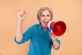 Photo of satified ecstatic woman with bob hairstyle wear blue shirt scream in loudspeaker win lottery isolated on pastel Royalty Free Stock Photo