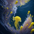 Ai generated a school of yellow jellyfish gracefully swimming in the ocean