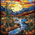Stained Glass Desert Landscape Painting With Lone Saguaro Cactus Royalty Free Stock Photo