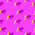 Photo seamless pattern yellow watering can for watering flowers with shadows on a colored pink background. Royalty Free Stock Photo