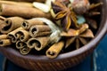 The photo of the seasonings is close. Photo of cinnamon stick is close-up.