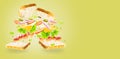 In the photo we see a sandwich with different ingredients. Levitation. Light yellow background. Minimalism. Bright lighting.