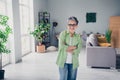 Photo of selfassured business woman crossed hands confident spending working days inside spacious office open space