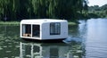 Ai generated serene floating house surrounded by water in the middle of a picturesque lake Royalty Free Stock Photo