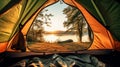 Photo of a serene lake view from the comfort of a cozy tent