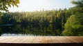 Photo of a serene lake view from a rustic wooden table