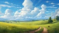 Scenic Landscape Painting: Serene Grassland With Dirt Road And Hills Royalty Free Stock Photo