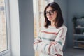 Photo of serious concentrated person crossed arms posing modern spacious office business center inside Royalty Free Stock Photo