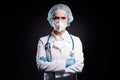 Photo of serious infection doc experienced professional arms crossed wear medical stethoscope lab coat facial mask Royalty Free Stock Photo