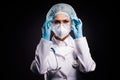 Photo of serious lady doc hold arms on protective plastic goggles ready prepare operation wear gloves mask coat facial Royalty Free Stock Photo