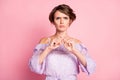 Photo of serious strict lady show crossed fingers stop sign wear violet blouse isolated pink color background