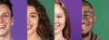 Photo set of cropped portraits of group of multi ethnic people on multicolored background. Collage.