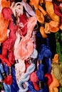 Photo of set embroidery threads floss. Selective focus. Image can be used as background. Colorful cotton yarns.