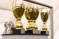 Photo of a set of golden trophies standing on the table. Golden cups for winners Royalty Free Stock Photo