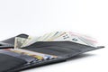 Photo set for the traveller: purse, credit cards, passports and Royalty Free Stock Photo