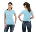 lady posing with blank light blue shirt