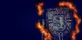 Photo of shield knight armor and sword in fire flames over dark background. Medieval period concept Royalty Free Stock Photo