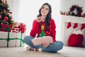 Photo of shiny dreamy cute youngster lady wear sweater hold copybook write wish list new year holidays gifts sitting