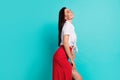 Photo of shiny dreamy lady dressed white crop top closed eyes empty space isolated turquoise color background