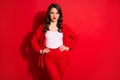 Photo of shiny fancy gorgeous lady put hands waist wear pants isolated over red bright color background