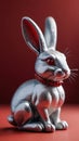 Photo Of A Shiny Silver Rabbit Figurine Sitting On Top Of A Red Surface Next To A Red Object In The Shape Of A Rabb. Generative AI