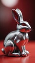Photo Of A Shiny Silver Rabbit Figurine Sitting On Top Of A Red Surface Next To A Red Object In The Shape Of A Rabb. Generative AI
