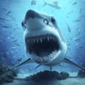 Photo of a Shocked angry Shark on underwater bokeh background. ai generative Royalty Free Stock Photo