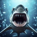 Photo of a Shocked angry Shark on underwater bokeh background. ai generative