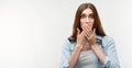 Photo of Shocked girl in casual clothes, covering mouth with hands. Keep silence concept. Copy space Royalty Free Stock Photo