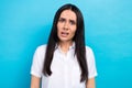 Photo of shocked impressed lady wear white shirt looking you listening bad news isolated blue color background