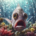 Photo of a Shocked real fish on underwater bokeh background. ai generative Royalty Free Stock Photo