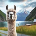 Photo of a Shocked real llama on nature background. ai generative