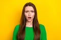 Photo of shocked unsatisfied pretty girl open mouth staring cant believe isolated on yellow color background