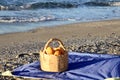 photo shoot with Basket oranges beach Royalty Free Stock Photo