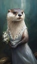 Photo Shoot of a Beautiful, Cute and Adorable Humanoid Otter in Stunning Wedding Dress (Generative AI)