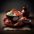 Boiled rice with fish and sauce on a plate on the table