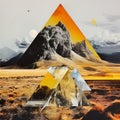 Vibrant Digital Collage Of Mountains, Bird, And Pyramid In Amber And Silver