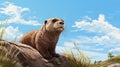 Realistic Otter Portrait: Resting On Rock With Tall Grass And Blue Sky