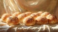 Sunlit Artisan Bread: Round Loaves with Flour Dusting on Linen Cloth