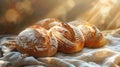 Sunlit Artisan Bread Loaves with Flour Dusting on Linen Cloth